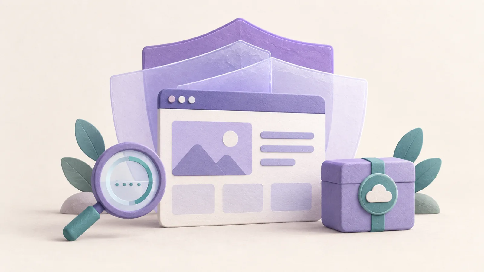 Layered shields protect a website beside a security scan and backup box.