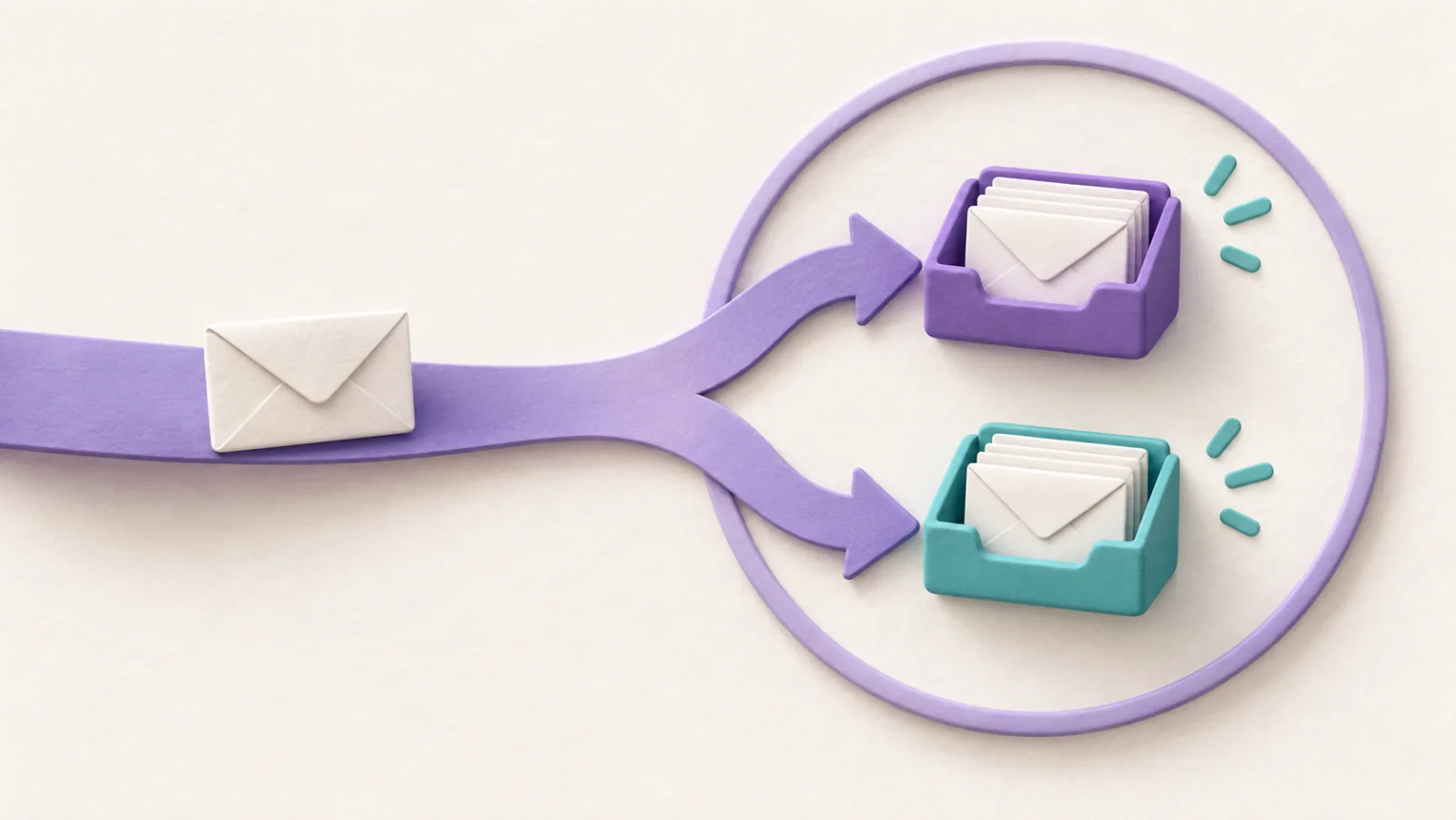 An incoming email route splits into two inboxes inside a shared domain ring.