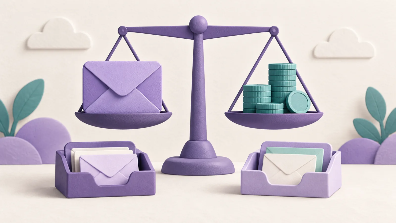 A balance scale compares an email envelope with coins above two inbox trays.
