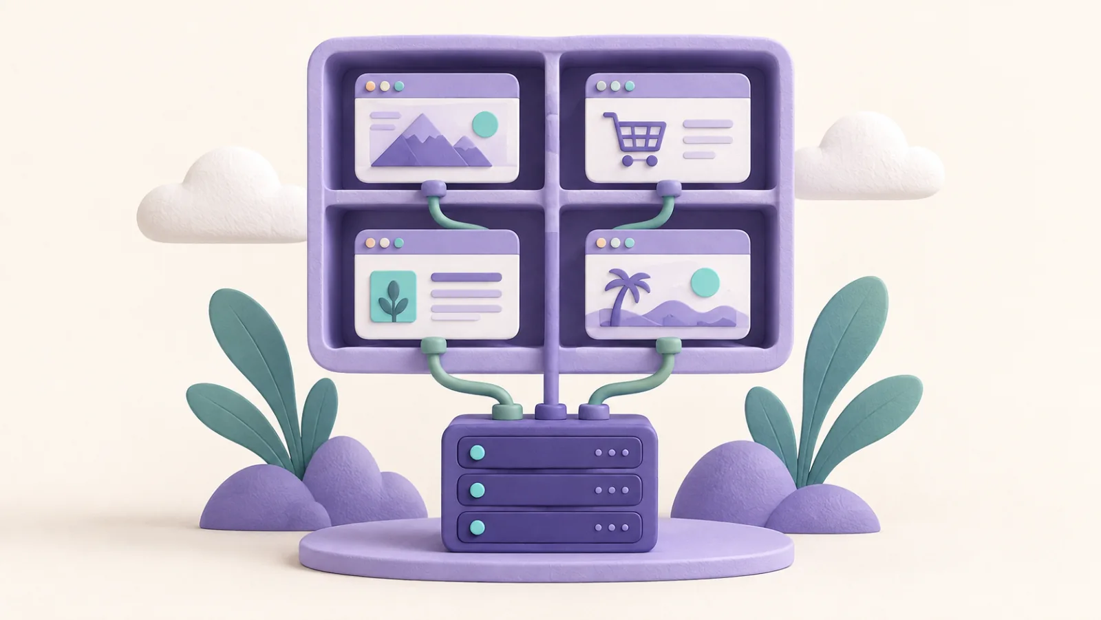 Four separate websites occupy partitioned spaces connected to a shared hosting base.