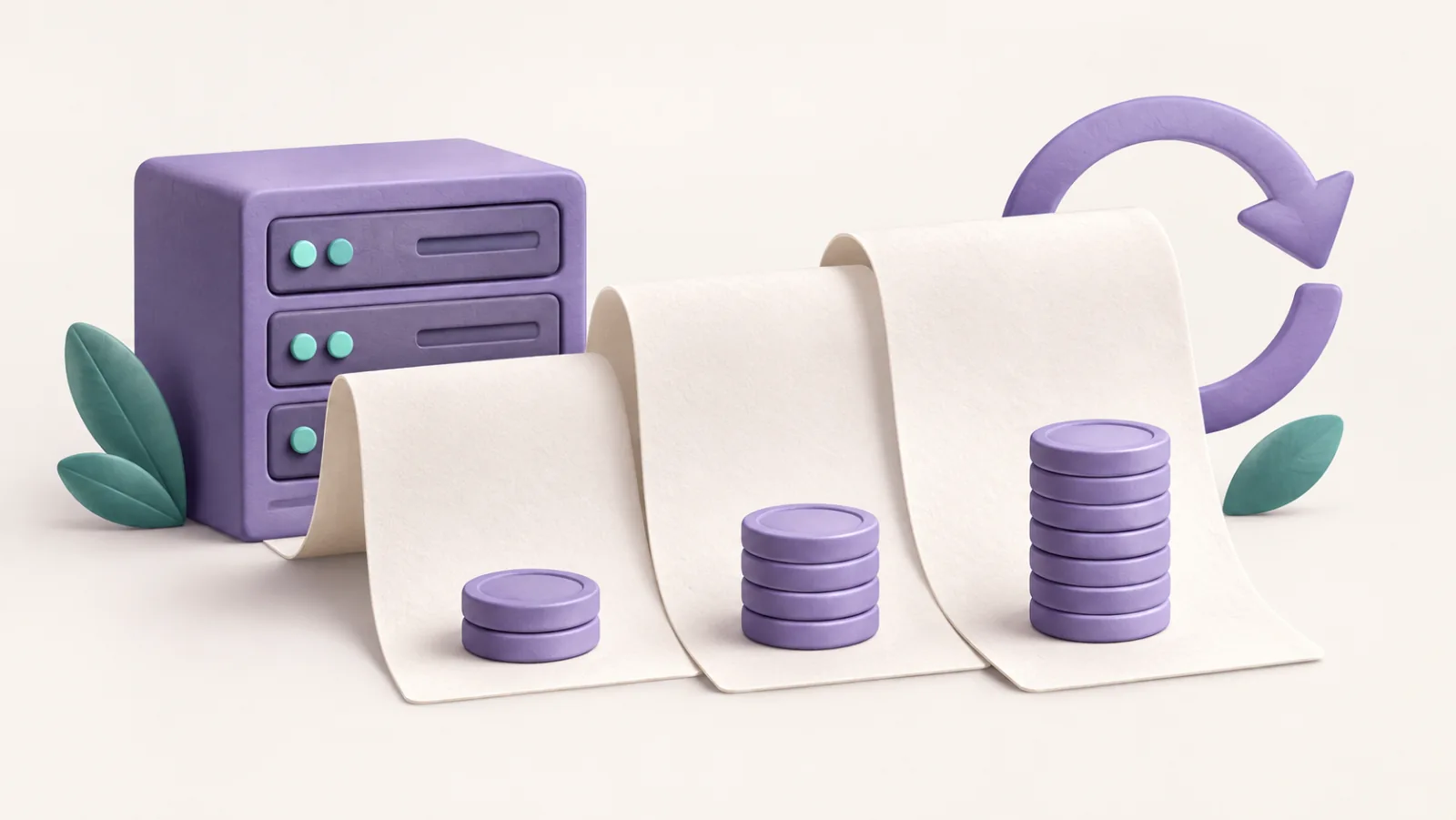 An unfolding hosting bill sits beside growing coin stacks and a server.