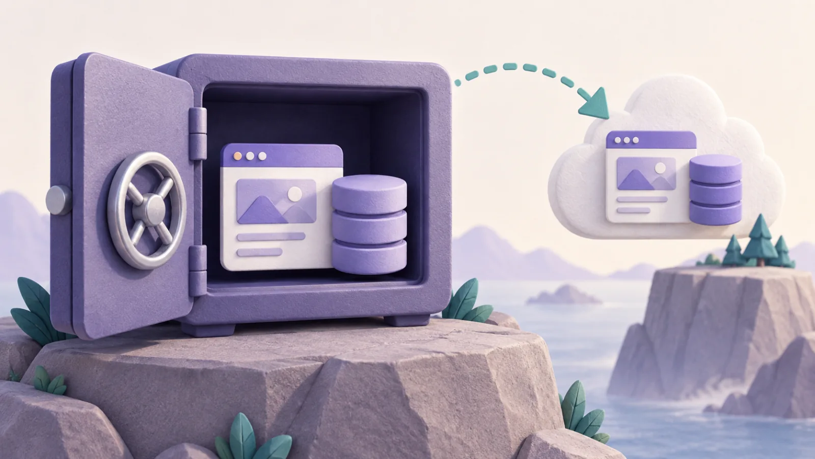 A website and database are copied into a backup safe and a separate offsite cloud.