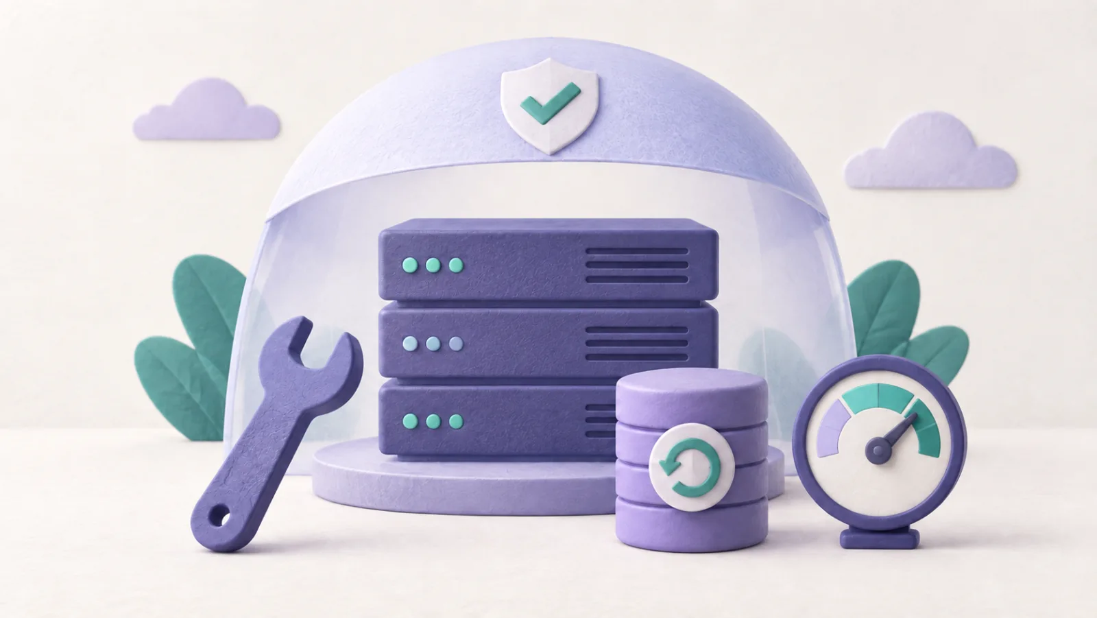 A website server sits under a service canopy beside maintenance, backup, and monitoring tools.