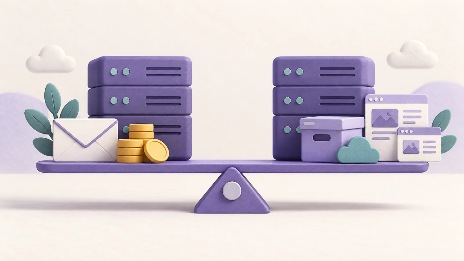 Two hosting platforms compare email, cost, website capacity, and backup features on a balance.