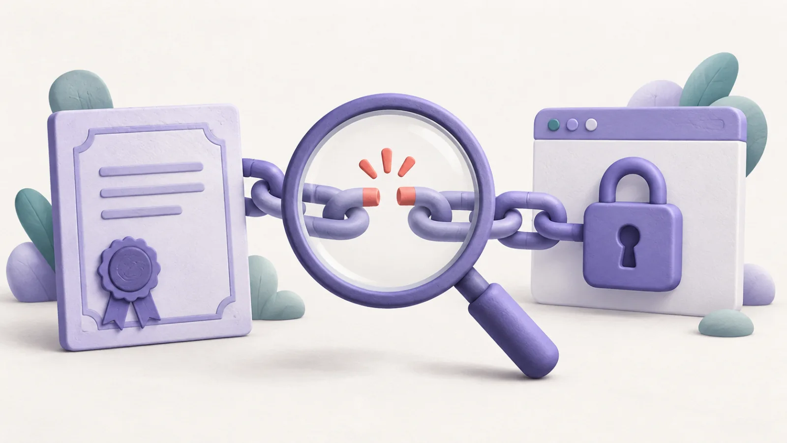 A magnifying glass inspects a broken chain between a certificate and a browser padlock.