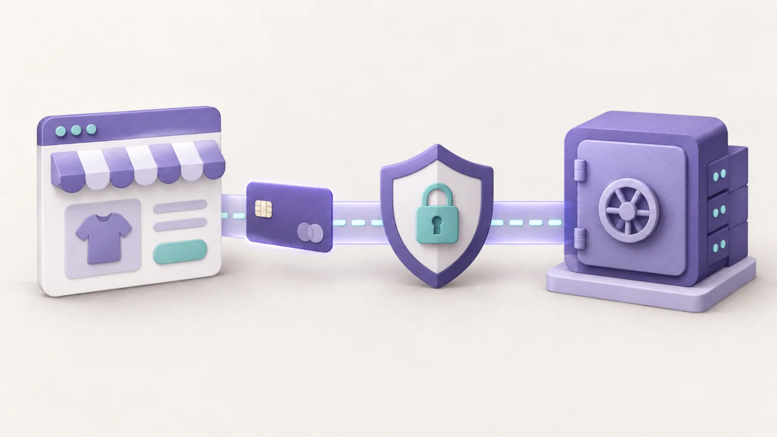 A payment card follows a protected route from an online store to a separate vault.