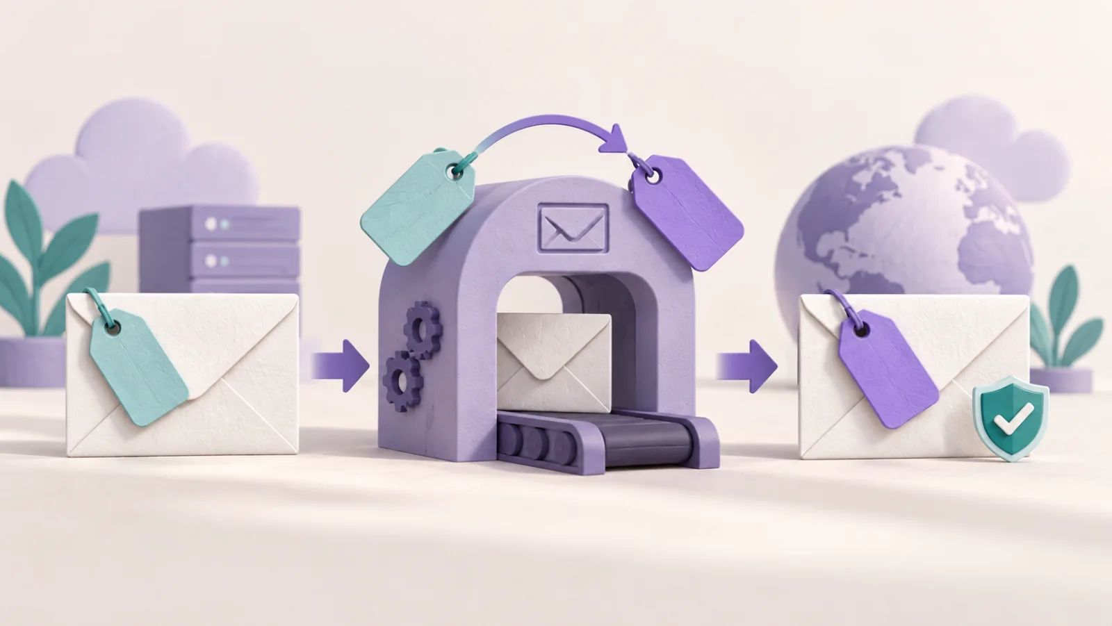 An envelope passes through a forwarding arch that changes its outer address tag.