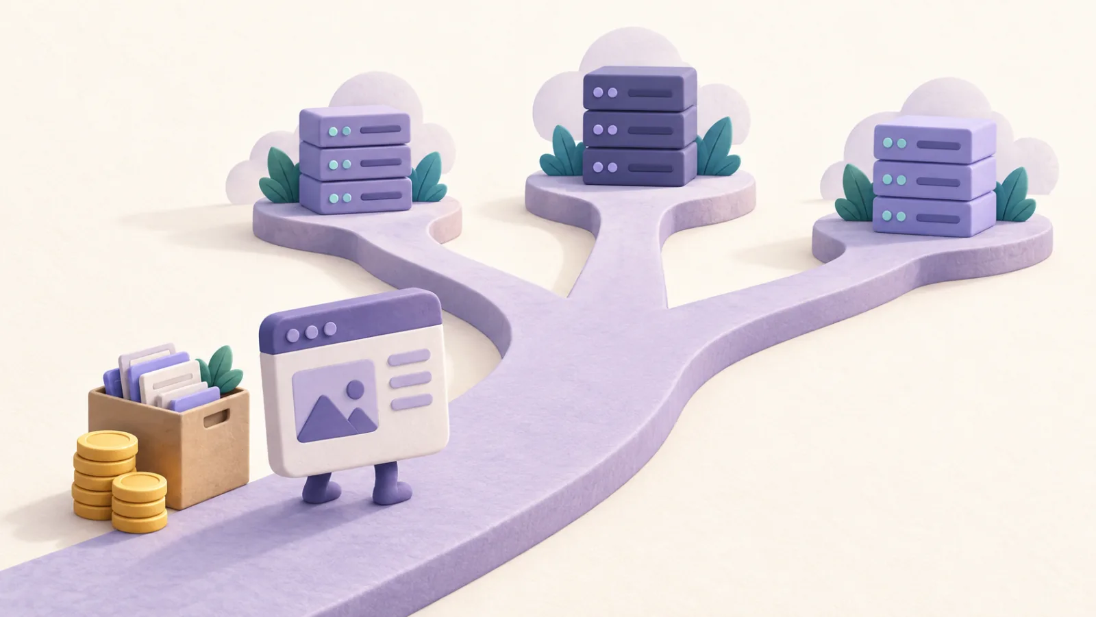 A website faces three hosting options across branching bridges beside coins and packed files.