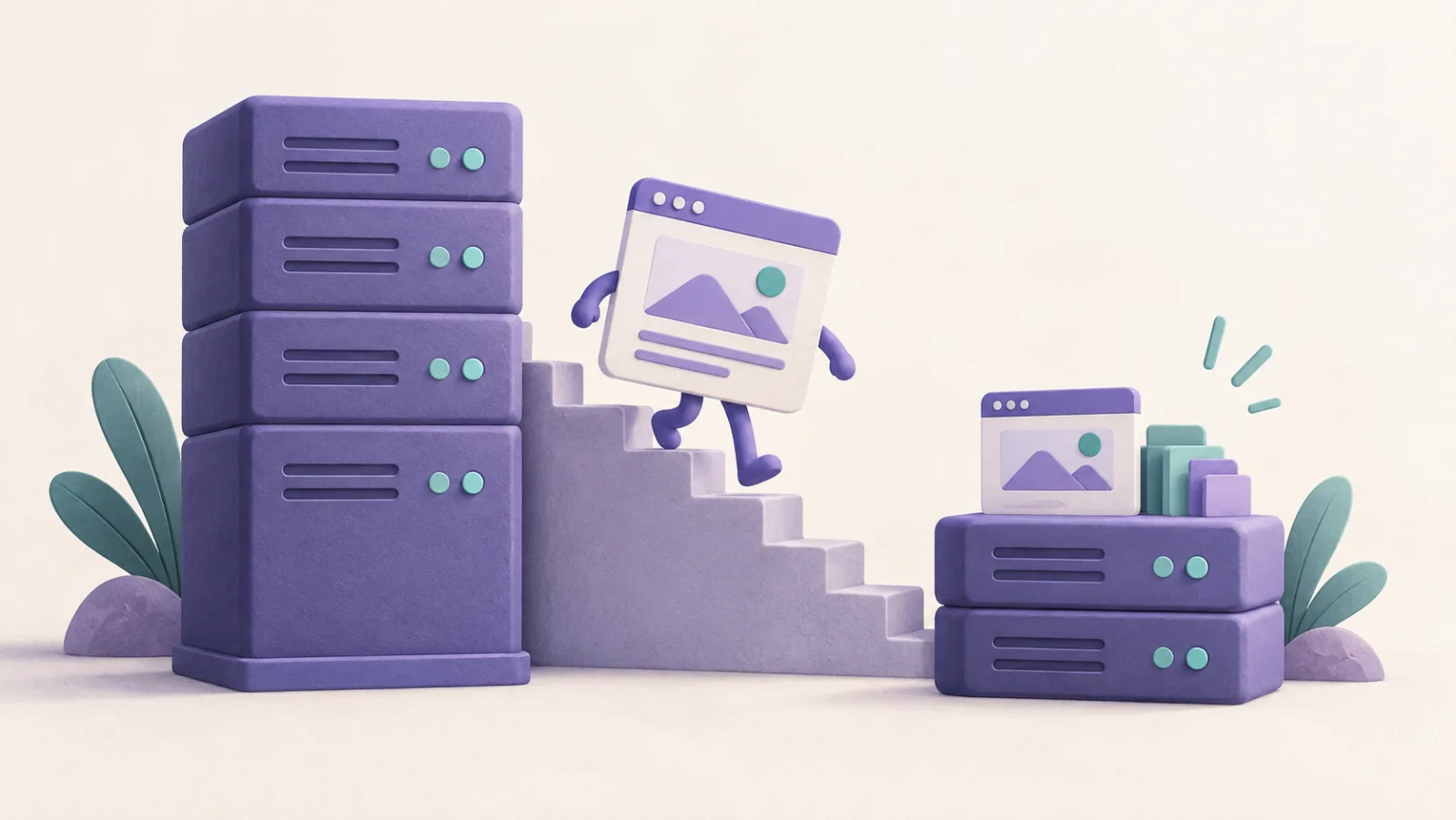 A website moves down a staircase from a large server stack to a smaller one.