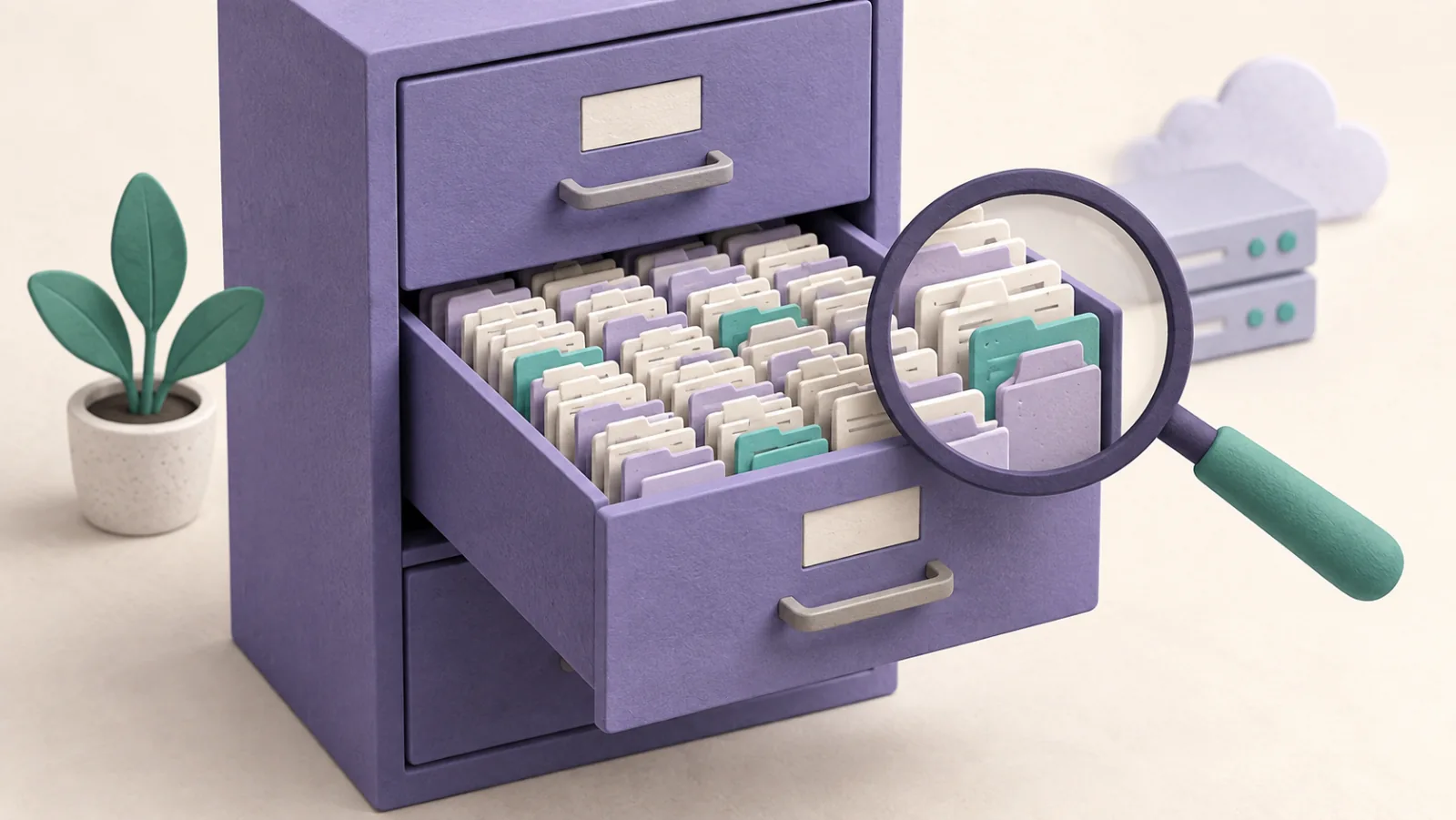 A magnifying glass inspects many small files filling a crowded storage cabinet.
