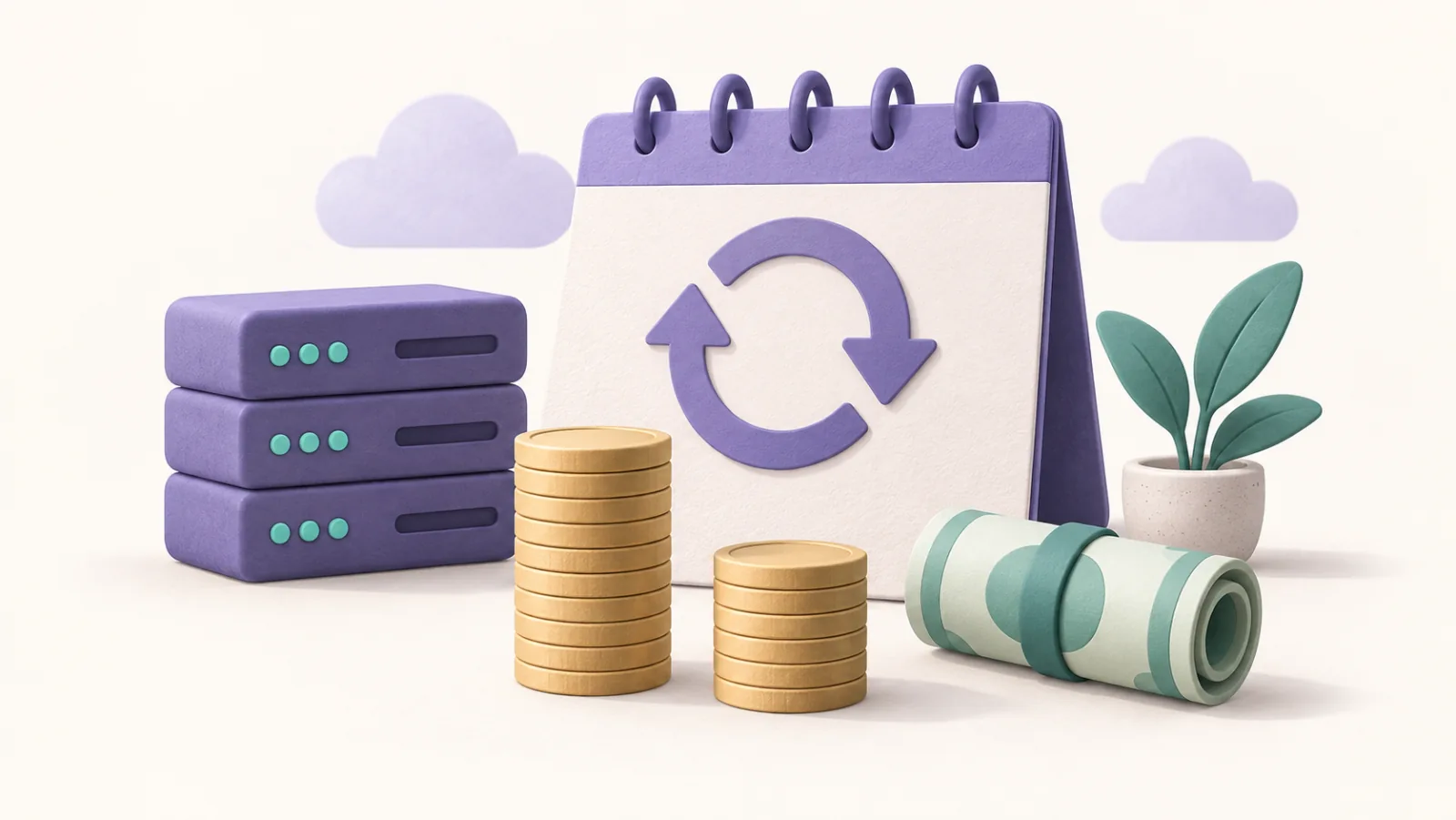 A renewal calendar, unequal coin stacks, and a bill stand beside a server.