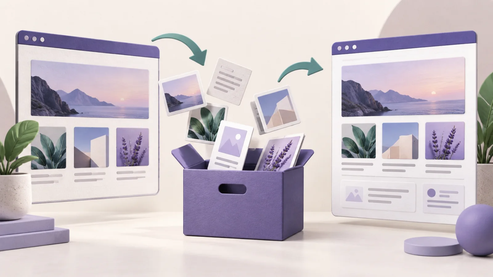 Gallery tiles and page cards move through an archive box into a new website.