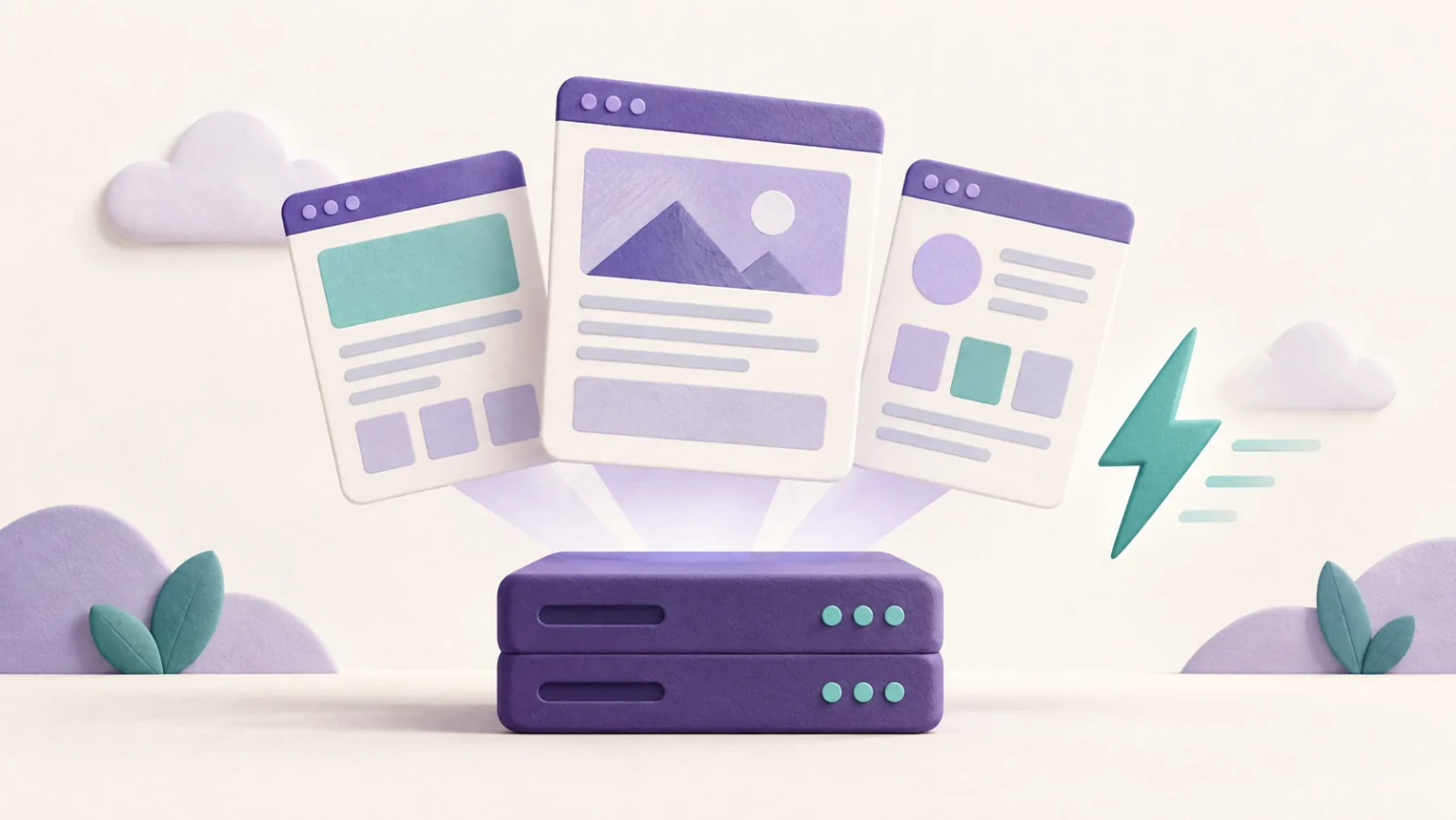 Lightweight webpage cards float above a compact server beside a lightning bolt.
