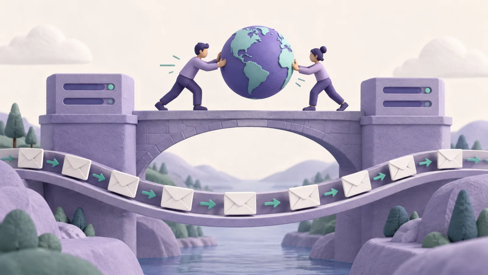 A domain globe moves between platforms while envelopes continue along an unbroken route below.