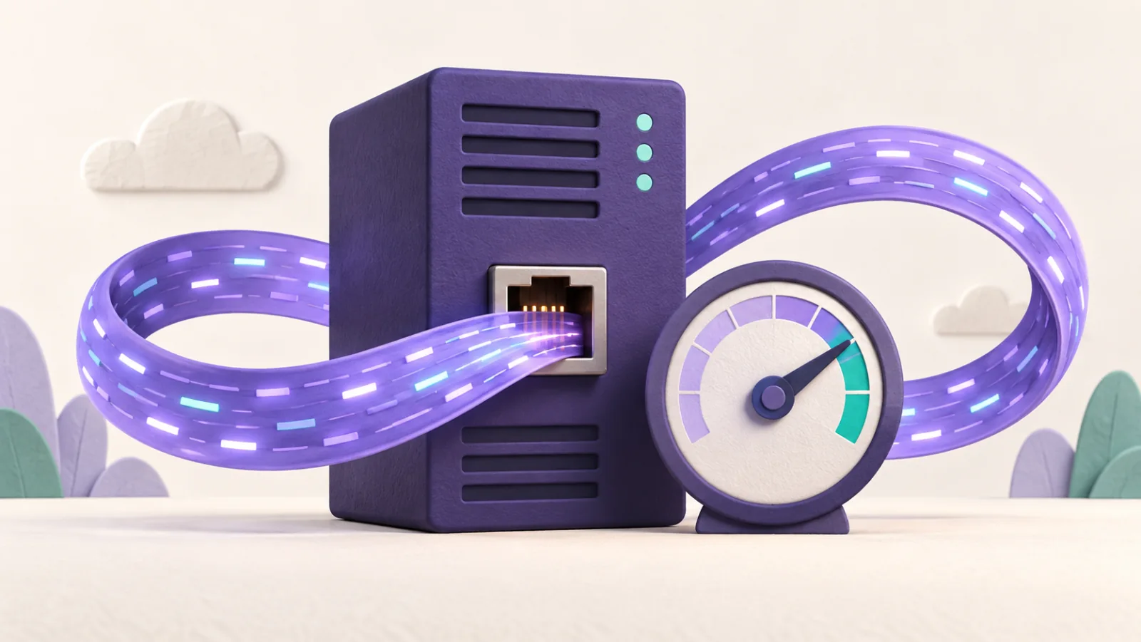 A continuous data ribbon passes through a server port beside a speed gauge.