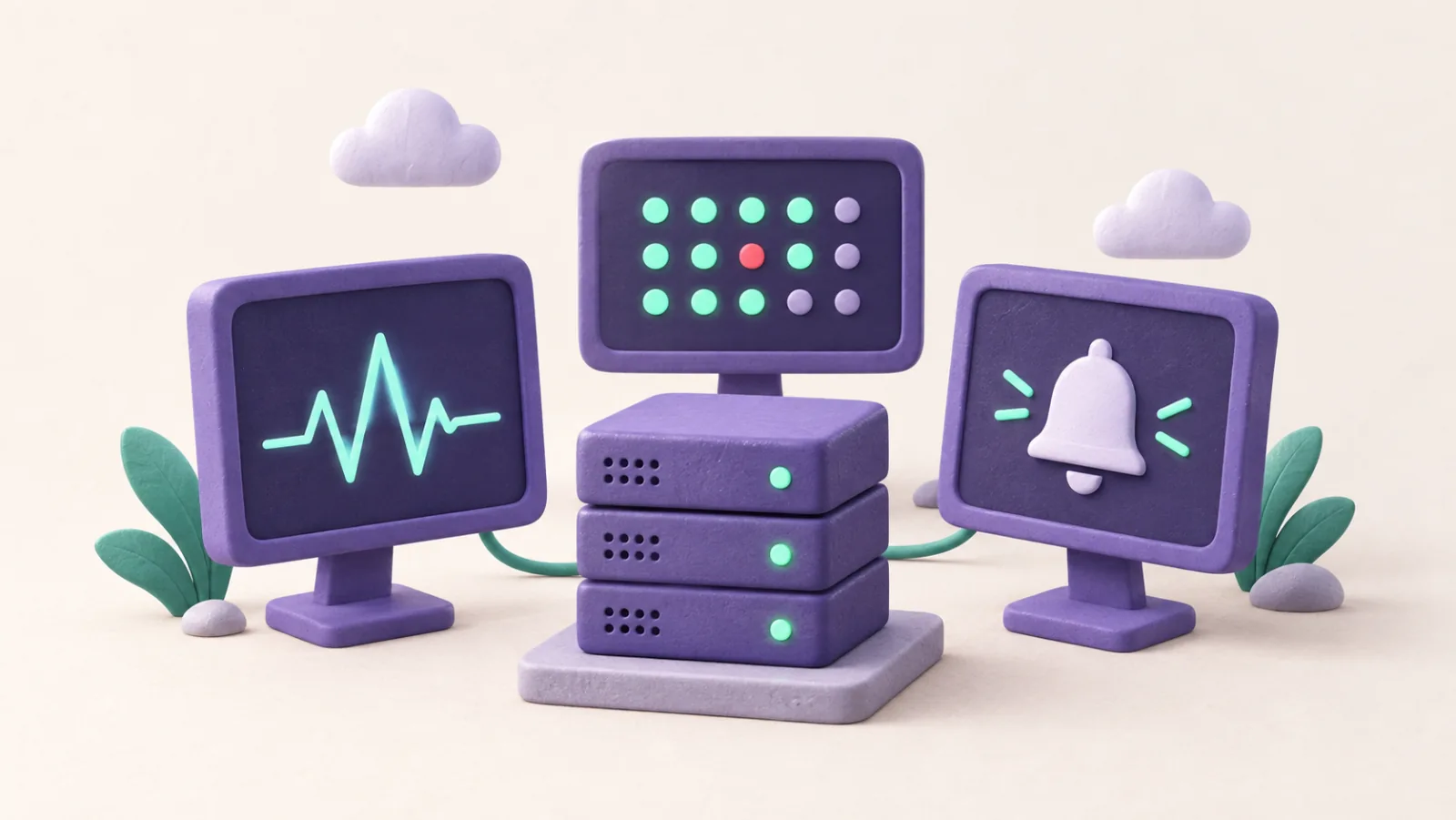 Three monitoring screens display a pulse, status dots, and an alert bell around a server.