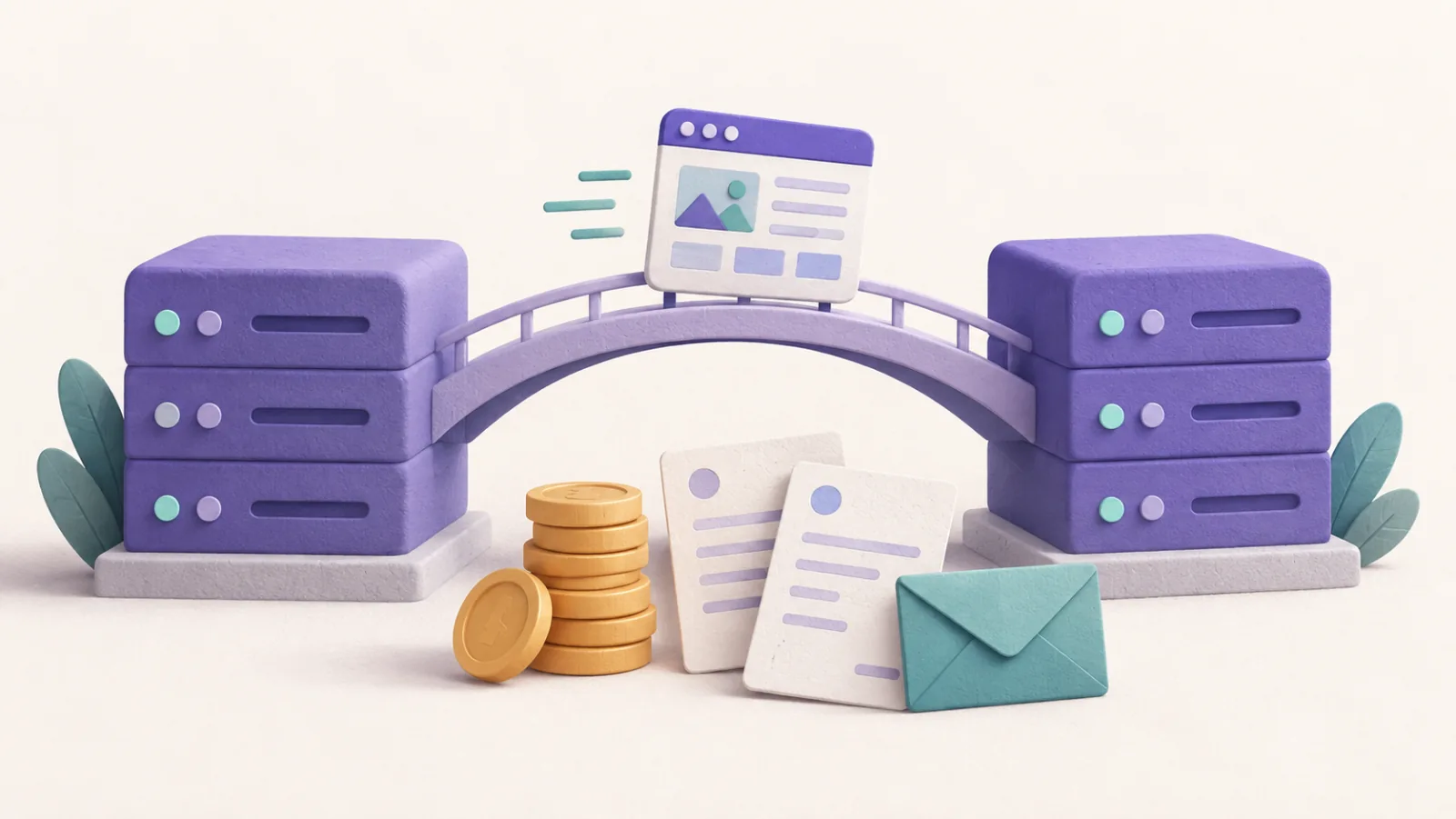 A website crosses between two servers above coins, invoices, and an email envelope.