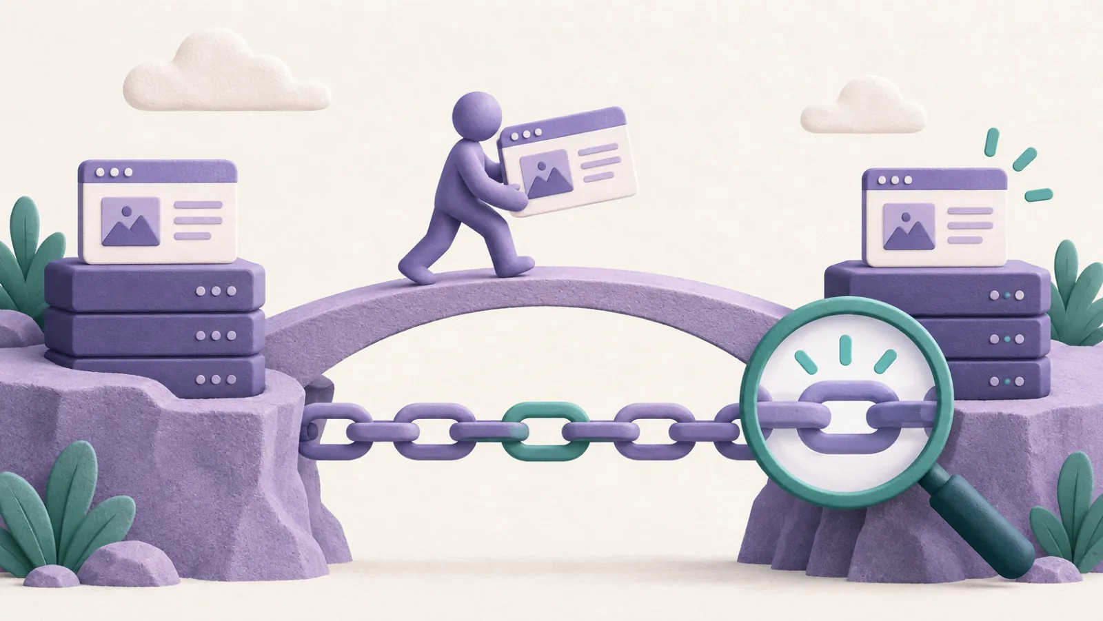 A magnifying glass checks a connected route beneath a website migration bridge.