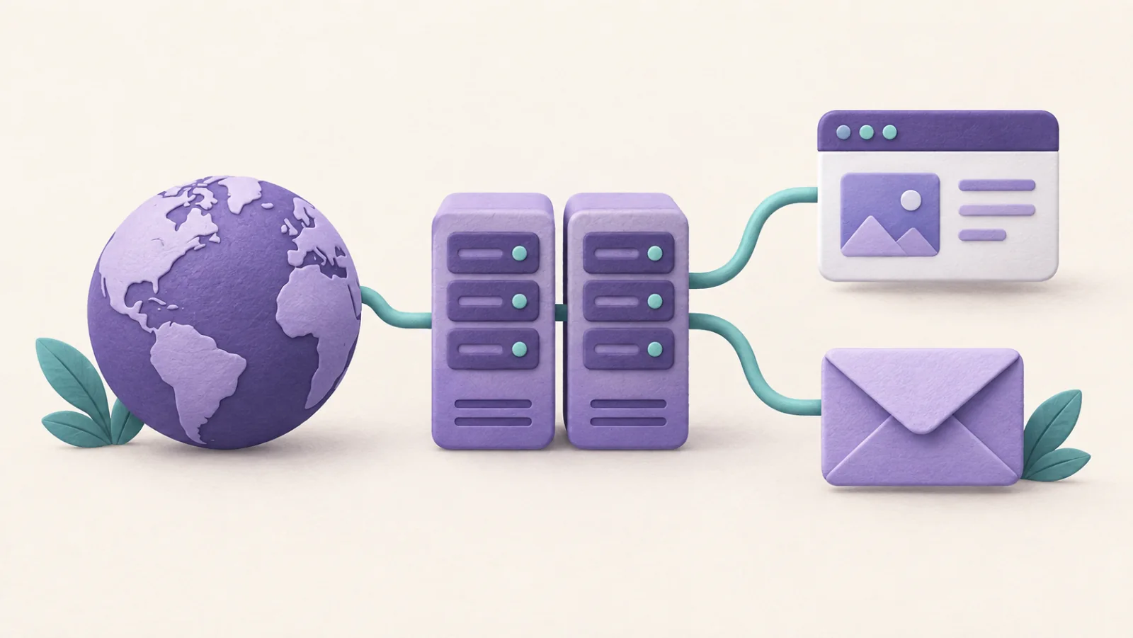 A domain globe connects through two nameserver blocks to a website and email.