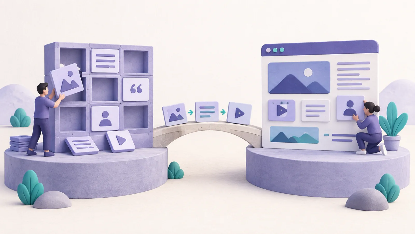 Website tiles cross a bridge from a fixed grid into a rebuilt browser layout.