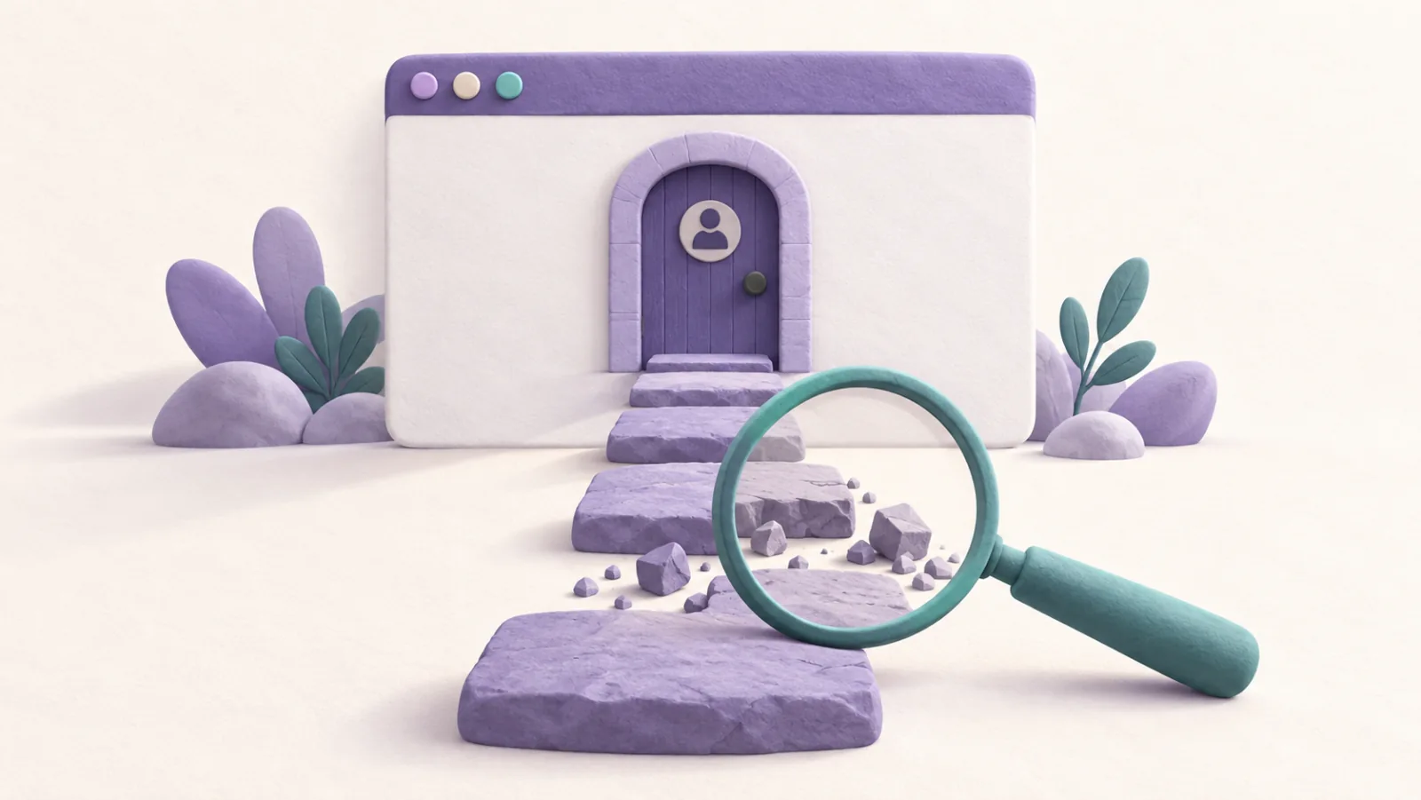 A magnifying glass examines a broken path leading to a closed website administration door.
