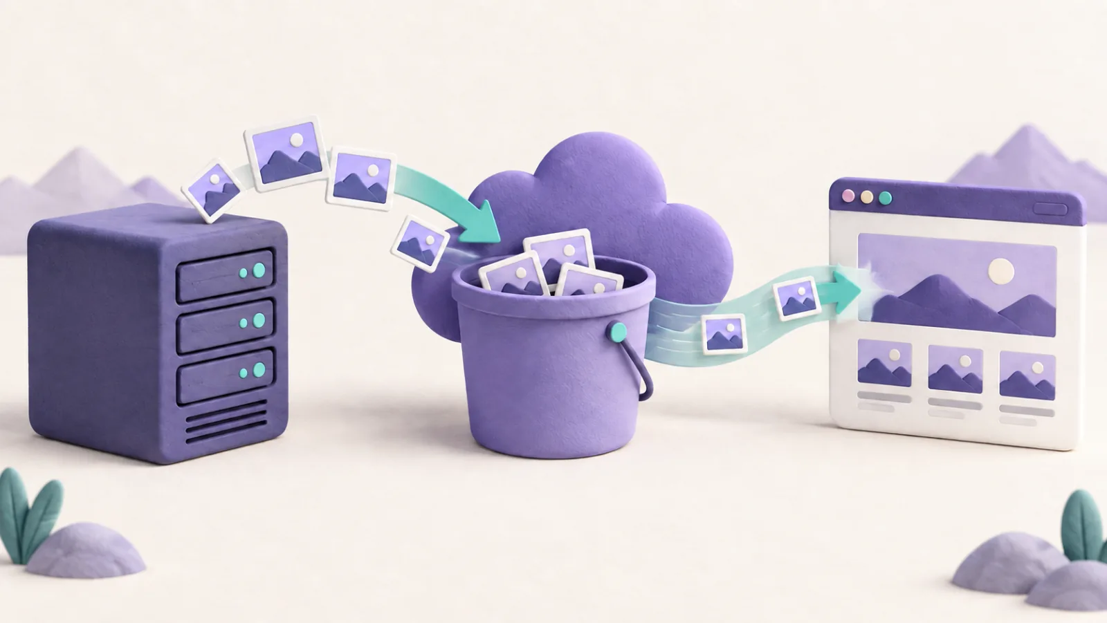 Image tiles move from a website server to a cloud storage bucket for delivery.