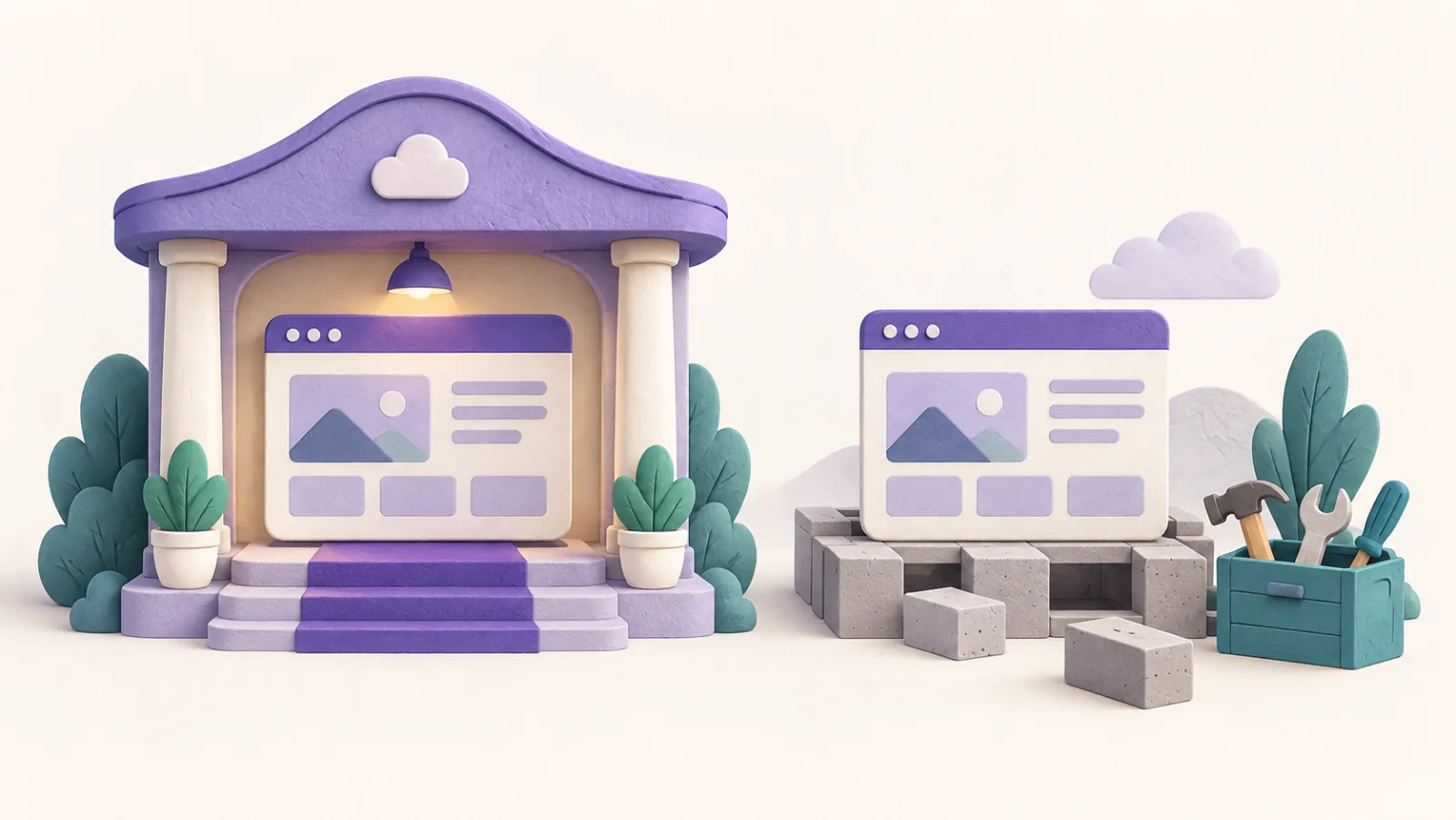 Two websites compare a ready-made hosted pavilion with a customizable platform and toolkit.