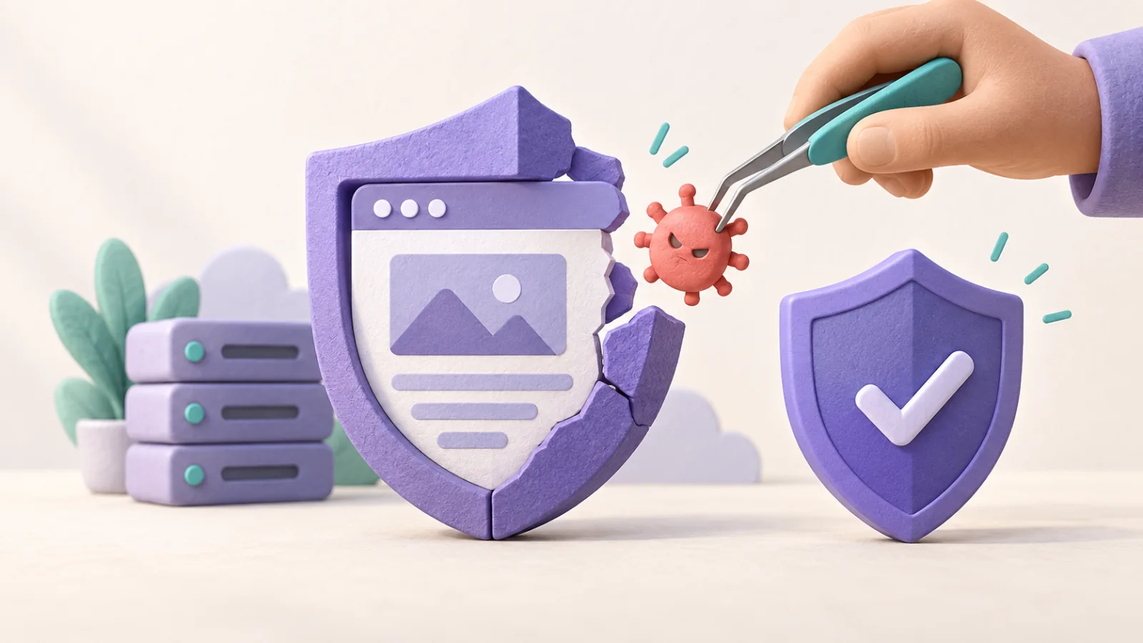A repair tool removes a bug from a website beside a cracked shield and a clean replacement.