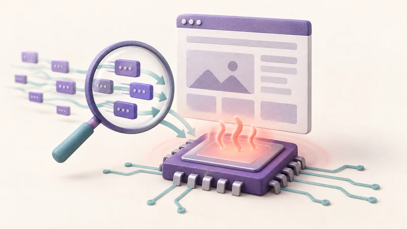 A magnifying glass examines request blocks flowing into a warm processor beneath a website.