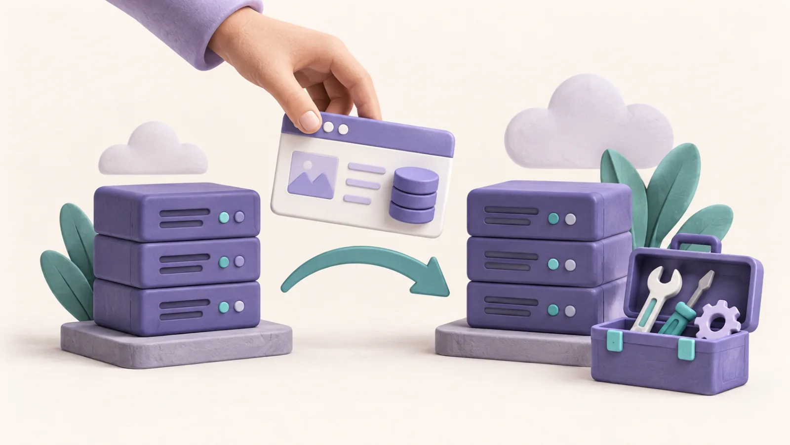 A hand moves a website and database between server platforms beside a migration toolkit.