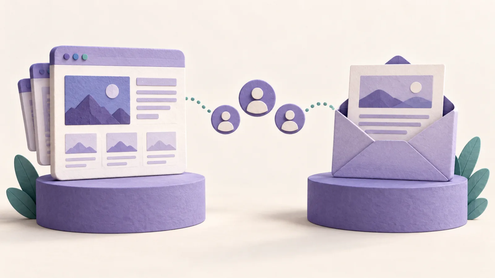 A website and an email newsletter stand on balanced platforms beside subscriber dots.