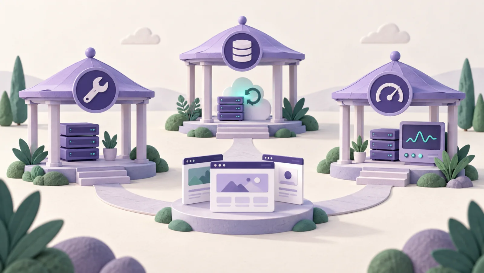 A group of websites is surrounded by three hosting pavilions with different service tools.