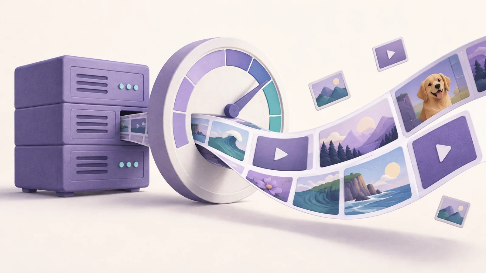 Image and video tiles flow from a server through a bandwidth gauge.